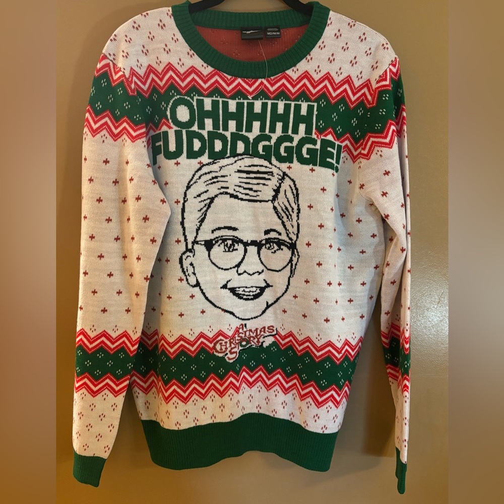 Men’s Christmas Story Green and Red Holiday Sweater Medium NWOT